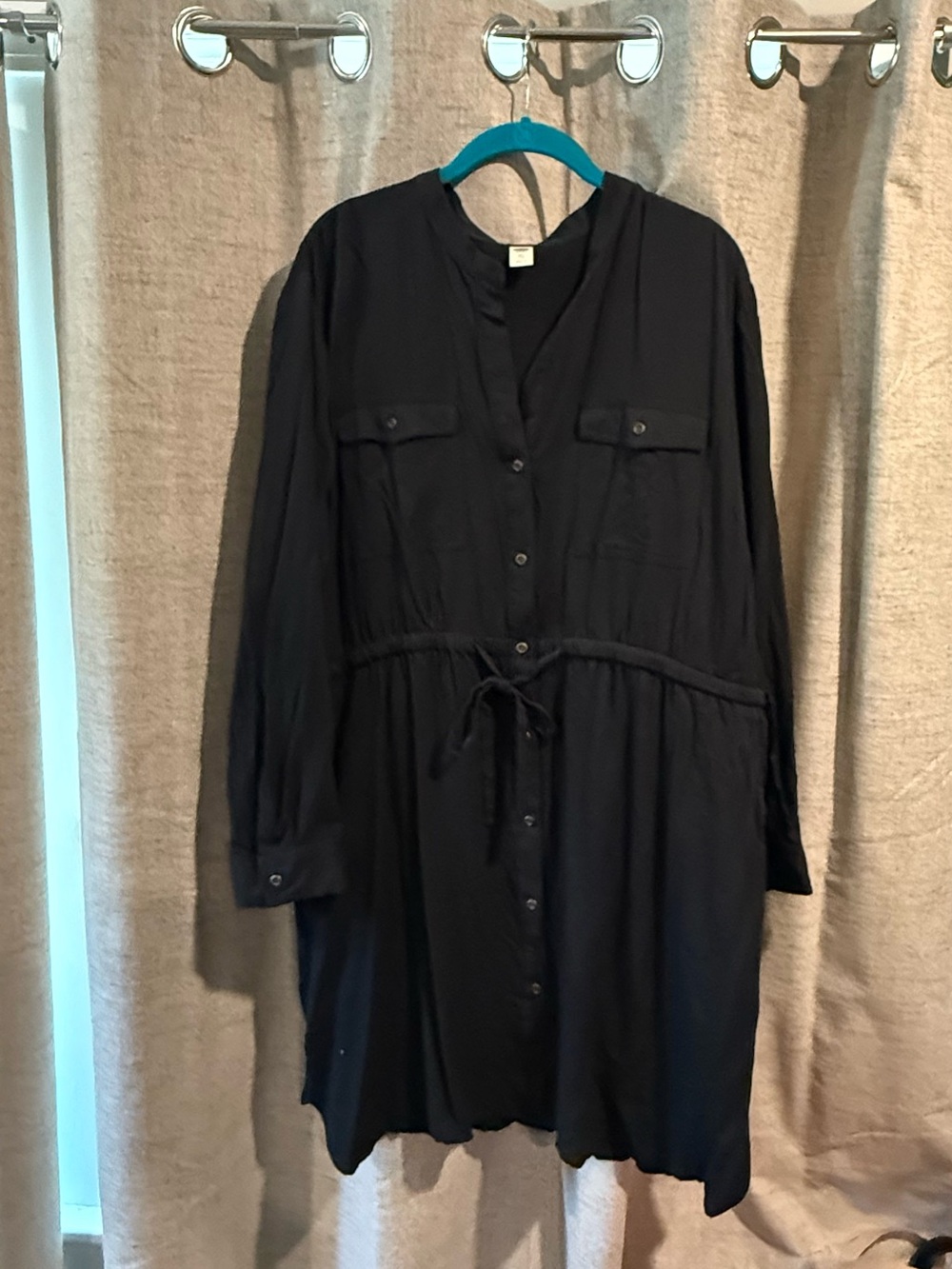 Old Navy Black Long-Sleeve Button-Front Drawstring Shirt Dress